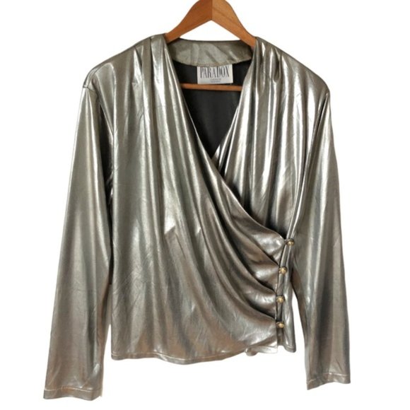 Paradox Tops - Paradox Chemise Montreal Metallic Silver Wrap Top Size Medium Vintage